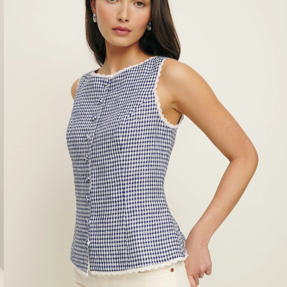 Reformation Amela Linen Top in Challah Check size 6